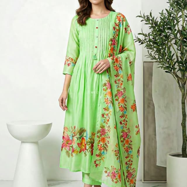 Lime Green with multicolored floral print (pink, orange, blue, yellow) Kurta Set (Kurta, Pants, Dupatta)