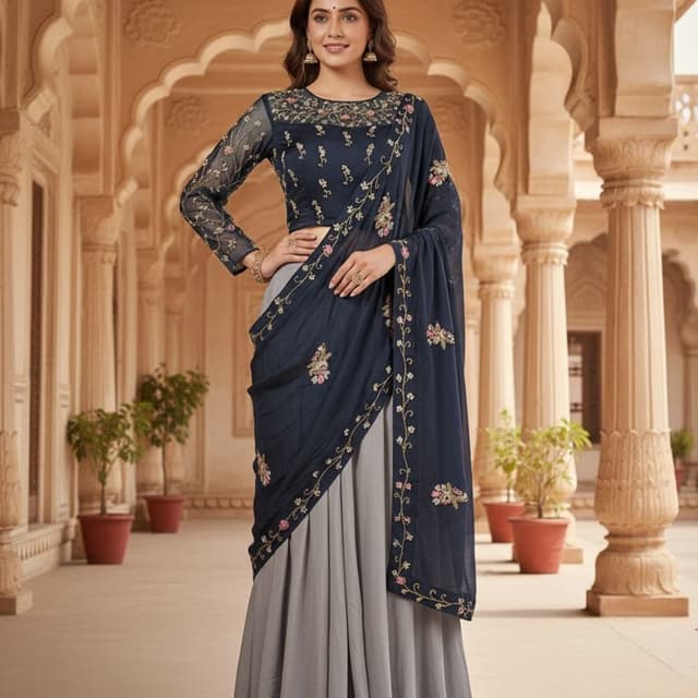 Navy Blue, Grey, Pink, Gold Lehenga Choli