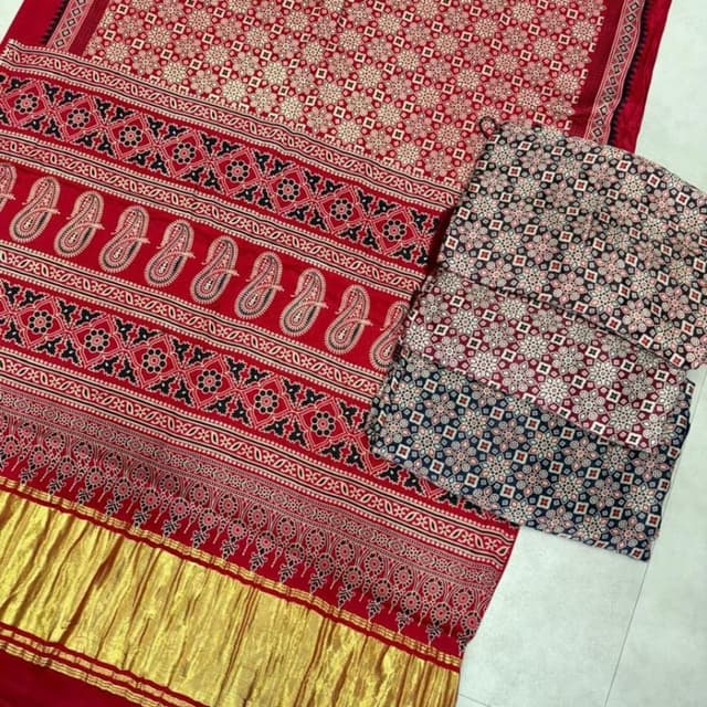 Red, Black, White, Gold Saree