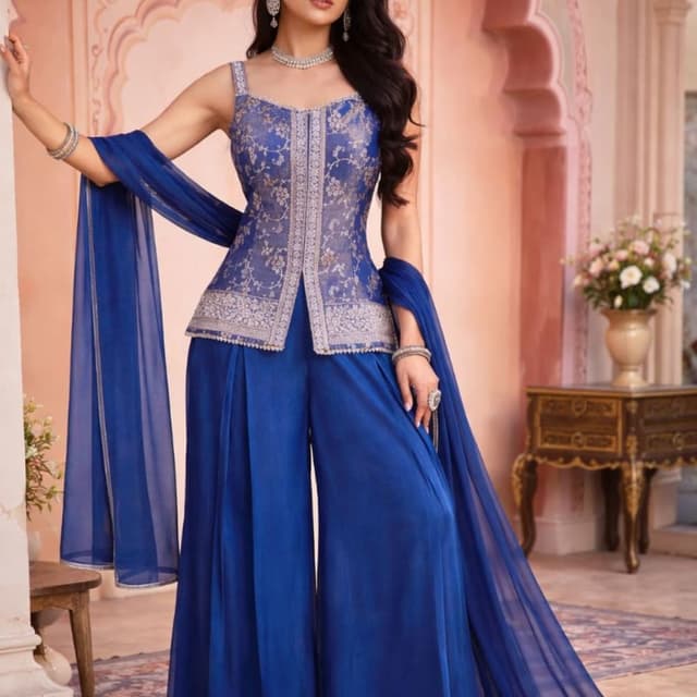 Royal Blue, Silver Peplum Top with Palazzo Pants and Dupatta