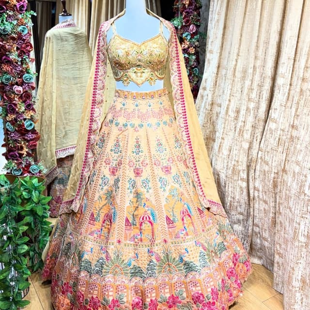 Peach, Gold, Pink, Teal, Green Lehenga Choli