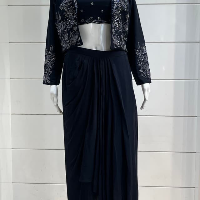 Black with silver embellishments Jacket, crop top, and draped skirt