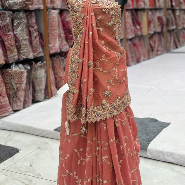 Coral Peach with Gold Lehenga Choli