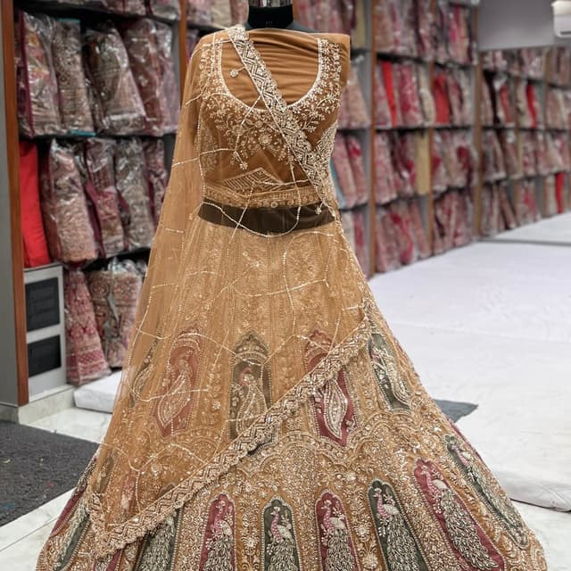 Golden Brown, Maroon, Green, White Lehenga Choli