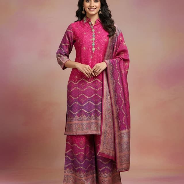 Pink, Purple, Gold, Blue, Maroon Kurta Set with Palazzo and Dupatta