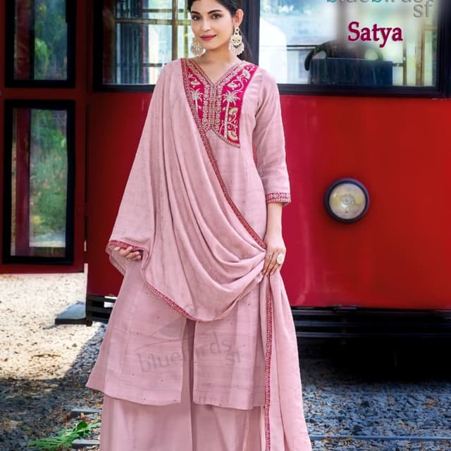 Dusty Pink, Magenta Pink Kurta Set with Palazzo and Dupatta