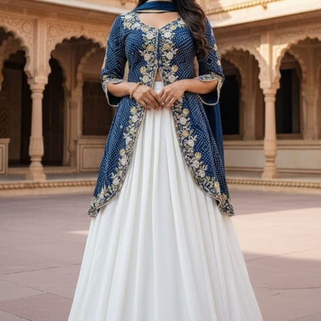 Deep Blue and White with Gold and Green embroidery Lehenga Choli Set with Jacket