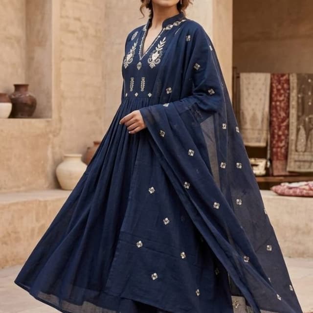Deep Blue with Silver/White Embellishments Anarkali Suit with Dupatta and Pants