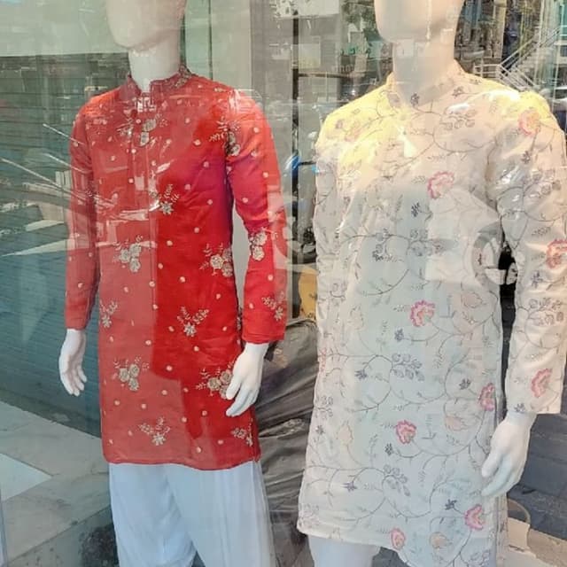 Red with white and gold floral embroidery, White with pink and grey floral embroidery Kurta with salwar