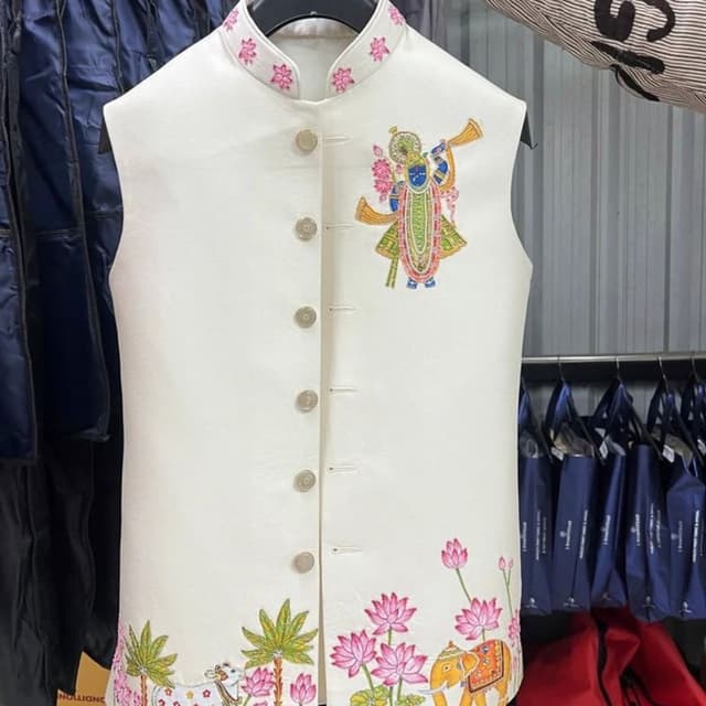 White with pink, green, blue, and yellow accents Waistcoat (Nehru Jacket)