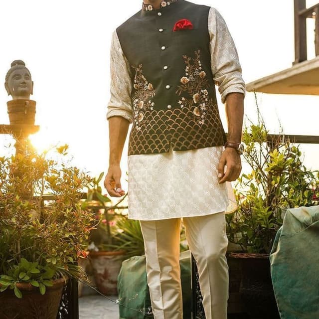 Dark Green, Cream, Beige, Red Kurta Set with Waistcoat
