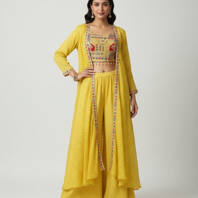 Yellow, Red, Blue, White, Gold Crop Top, Palazzo Pants, Jacket