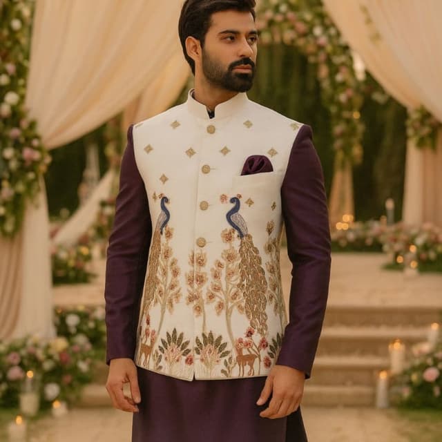 Cream, Plum, Gold, Blue, Pink Sherwani with Waistcoat