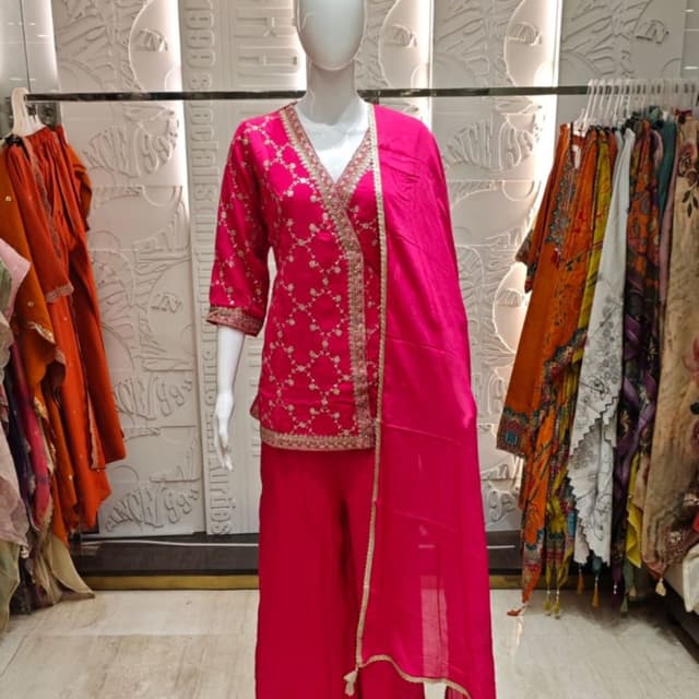 Hot Pink and Gold Kurta Set with Palazzo Pants and Dupatta