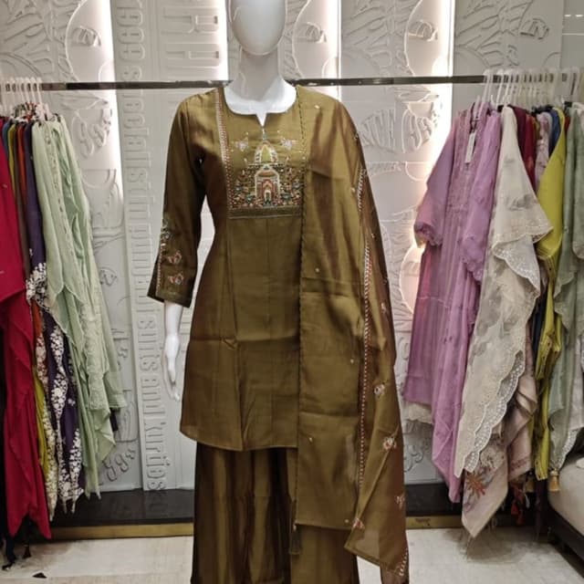 Olive Green with multicolored embroidery Kurta Set with Dupatta