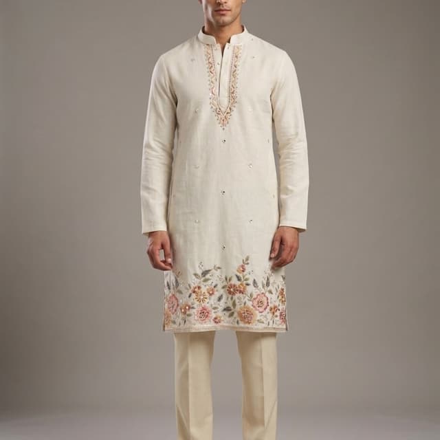 Off-white, Cream, Peach, Pink, Green, Gold Kurta and Pants Set