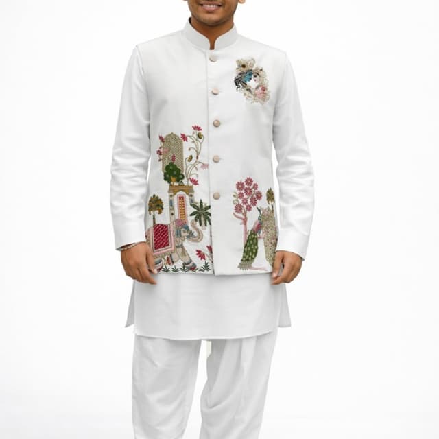 White with multi-colored embroidery Bandhgala jacket with kurta and salwar