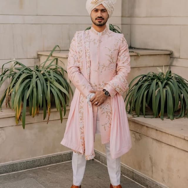 Pastel Pink, White, Gold Sherwani
