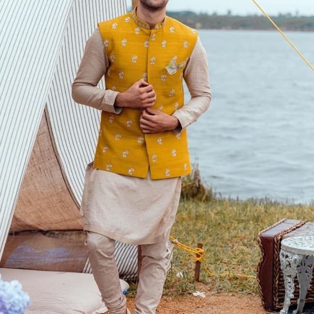 Mustard Yellow, Beige, White Nehru Jacket (Bandhgala) Set