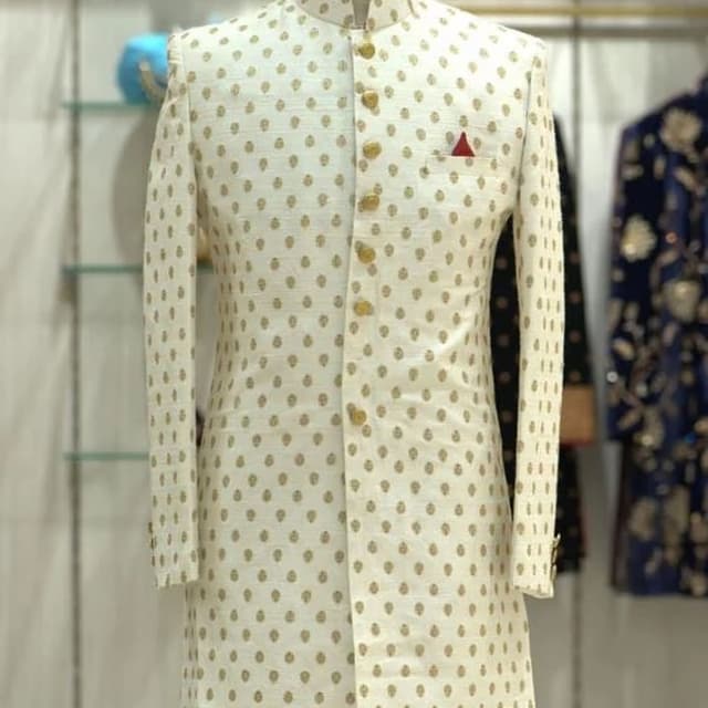 Cream with gold, red accent Sherwani