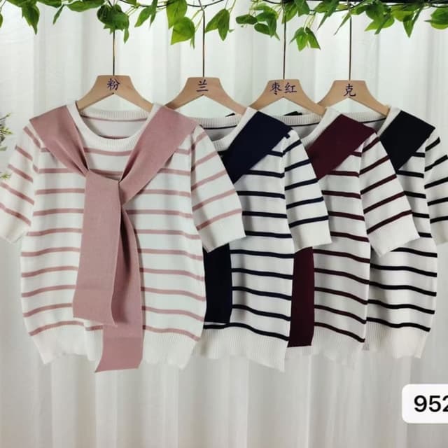 White with stripes of pink, navy blue, and maroon Sweater