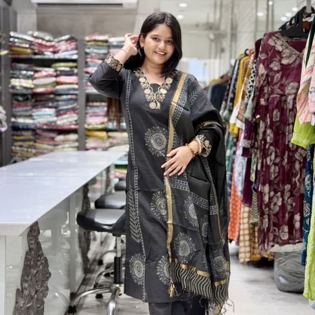 Black with gold and silver print Kurta with pants and dupatta