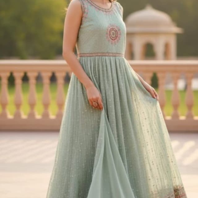 Mint Green with Pink and Gold accents Anarkali Dress