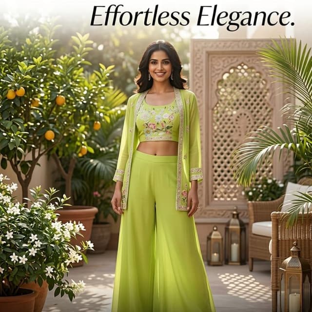 Lime Green, Multi-color floral embroidery  plazo suit