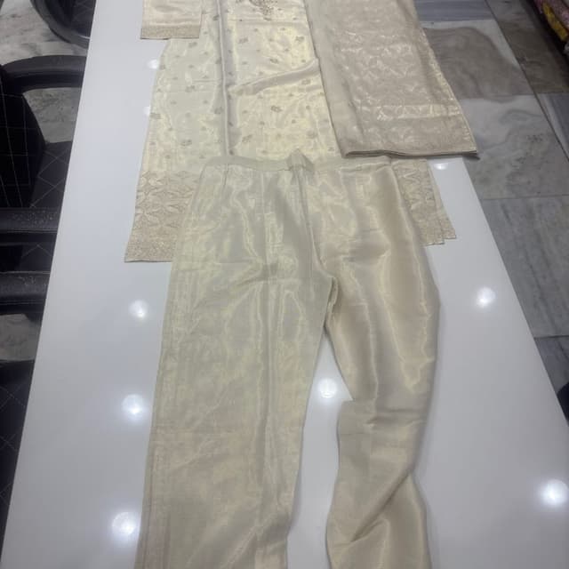 Cream/Ivory with Gold accents Salwar Kameez Set (Kurta, Pants, Dupatta)