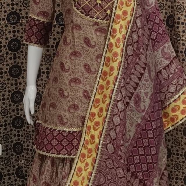 Beige, maroon, yellow, and pink floral and paisley prints Kurta set with dupatta