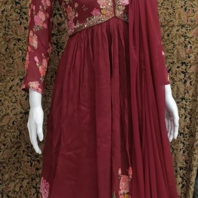 Maroon with floral prints in pink, yellow, and green Anarkali Suit