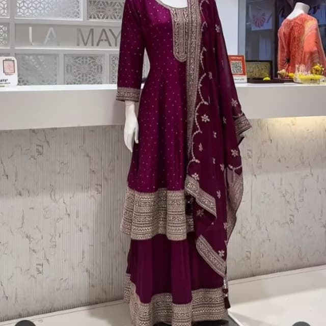 Deep Purple with Gold/Beige Embellishments Anarkali Suit with Dupatta