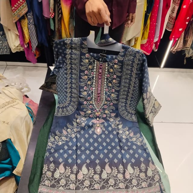 Navy Blue with Pink, Green, and Gold accents Kurti