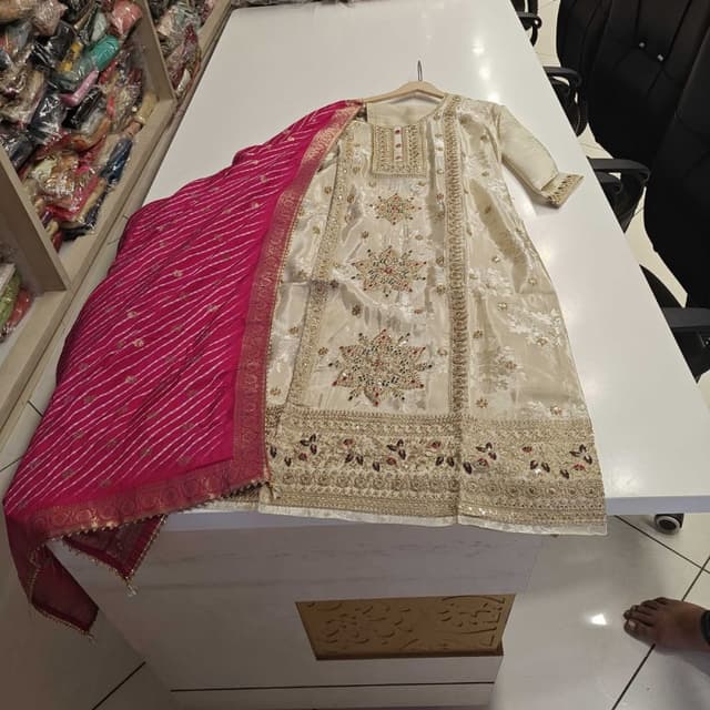 Cream, Pink, Gold, Red, Green Kurti with Dupatta