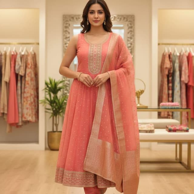 Coral Pink with Gold accents Anarkali Suit Set (includes Anarkali, pants, and dupatta)