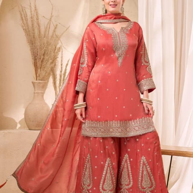Coral with Silver Embellishments Sharara Suit