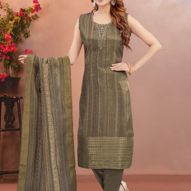 Olive Green, Gold Salwar Kameez Set