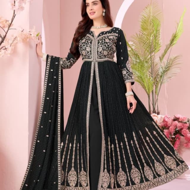 Black with Gold/Beige embroidery Anarkali Suit with Jacket