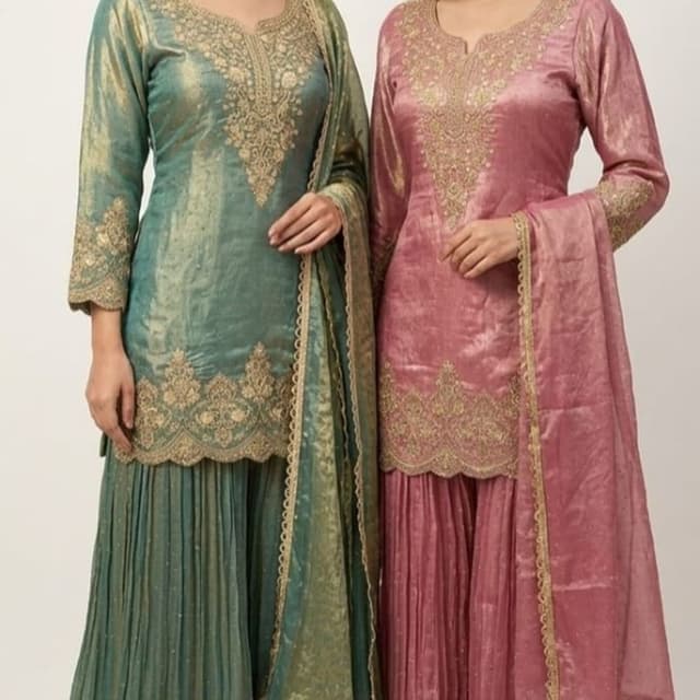 Teal green and Dusty rose pink with gold embellishments Sharara Suit (Kurti, Sharara pants, Dupatta)