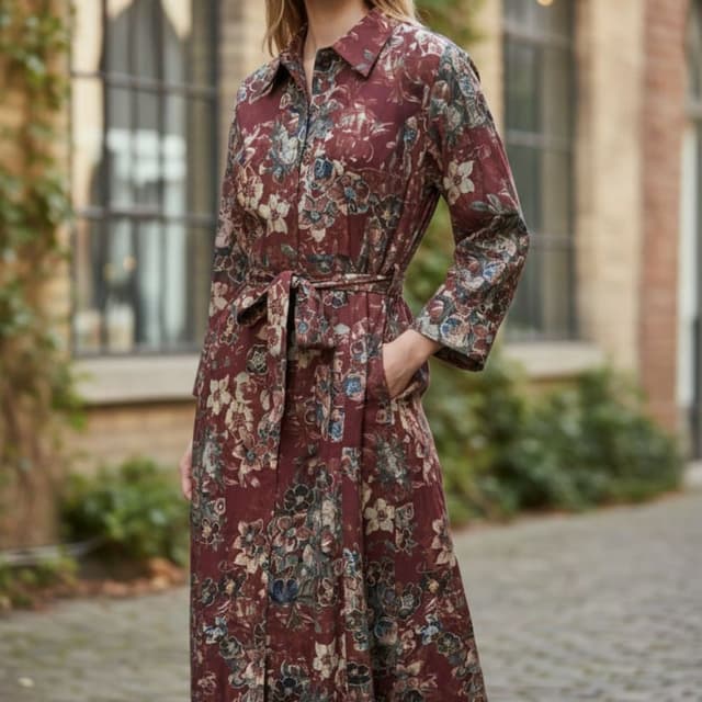Deep Red with floral print in shades of cream, blue, green, and brown Shirt Dress