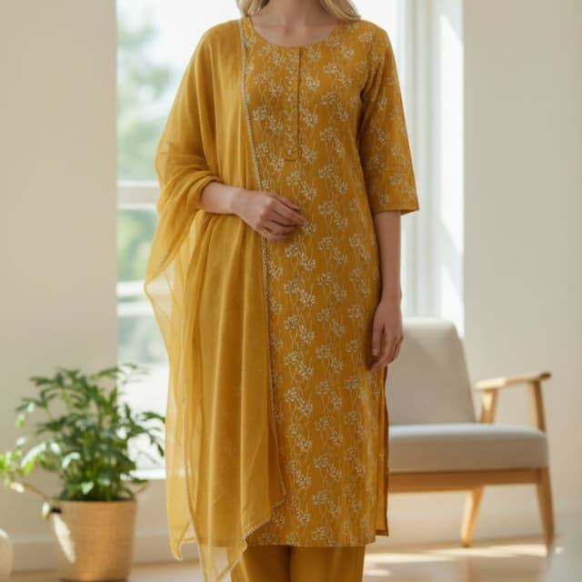 Mustard Yellow with White Print Kurta Set