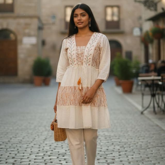 Off-white, Beige, Orange, Pink Kurti Set