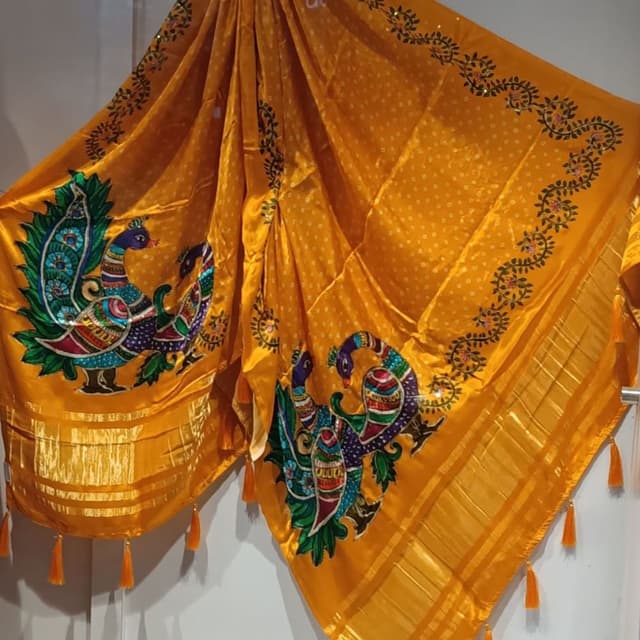 Yellow, multicolor peacock prints, gold border Saree