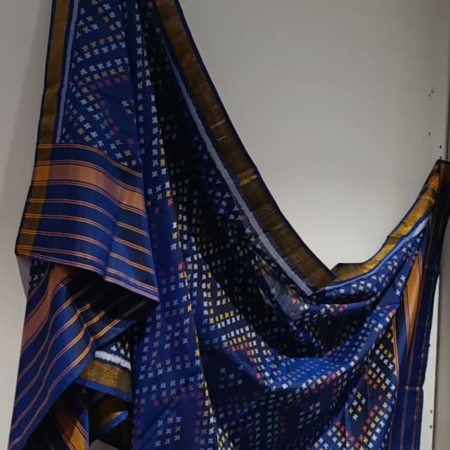 Blue with yellow and white accents Saree
