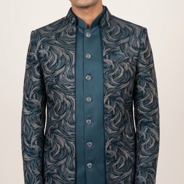 Teal and Grey with hints of silver Sherwani Jacket