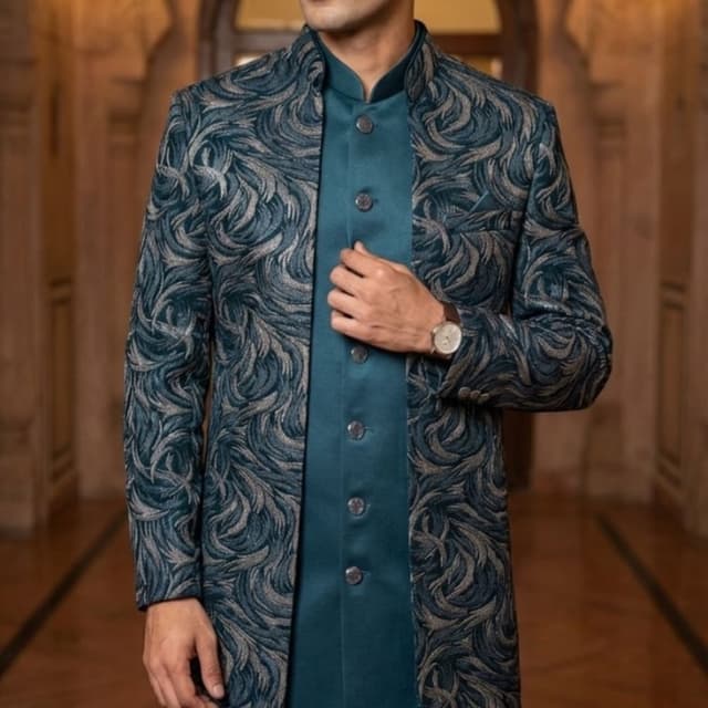 Teal and Grey Sherwani Set