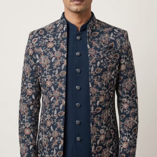 Navy blue with intricate floral patterns in maroon, rust, and off-white Sherwani Jacket