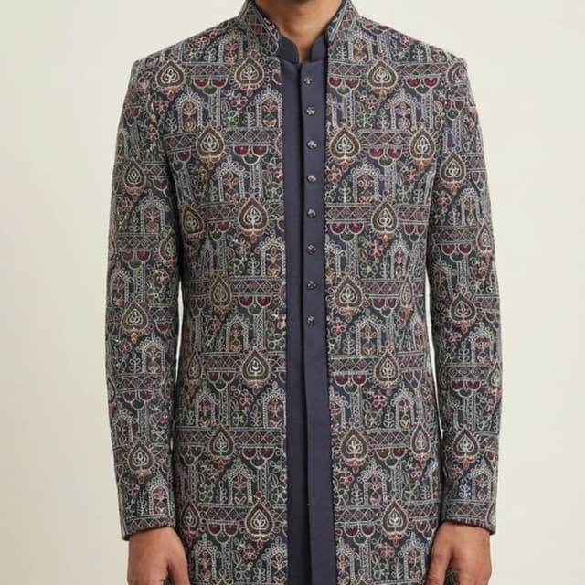 Dark blue, maroon, olive green, beige, white Sherwani