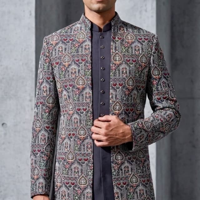 Dark Grey with intricate multi-colored patterns (red, green, beige, cream) Sherwani Jacket