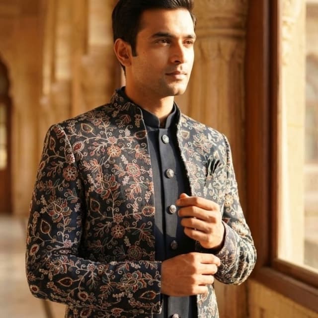 Navy blue with multicolor floral embroidery Sherwani